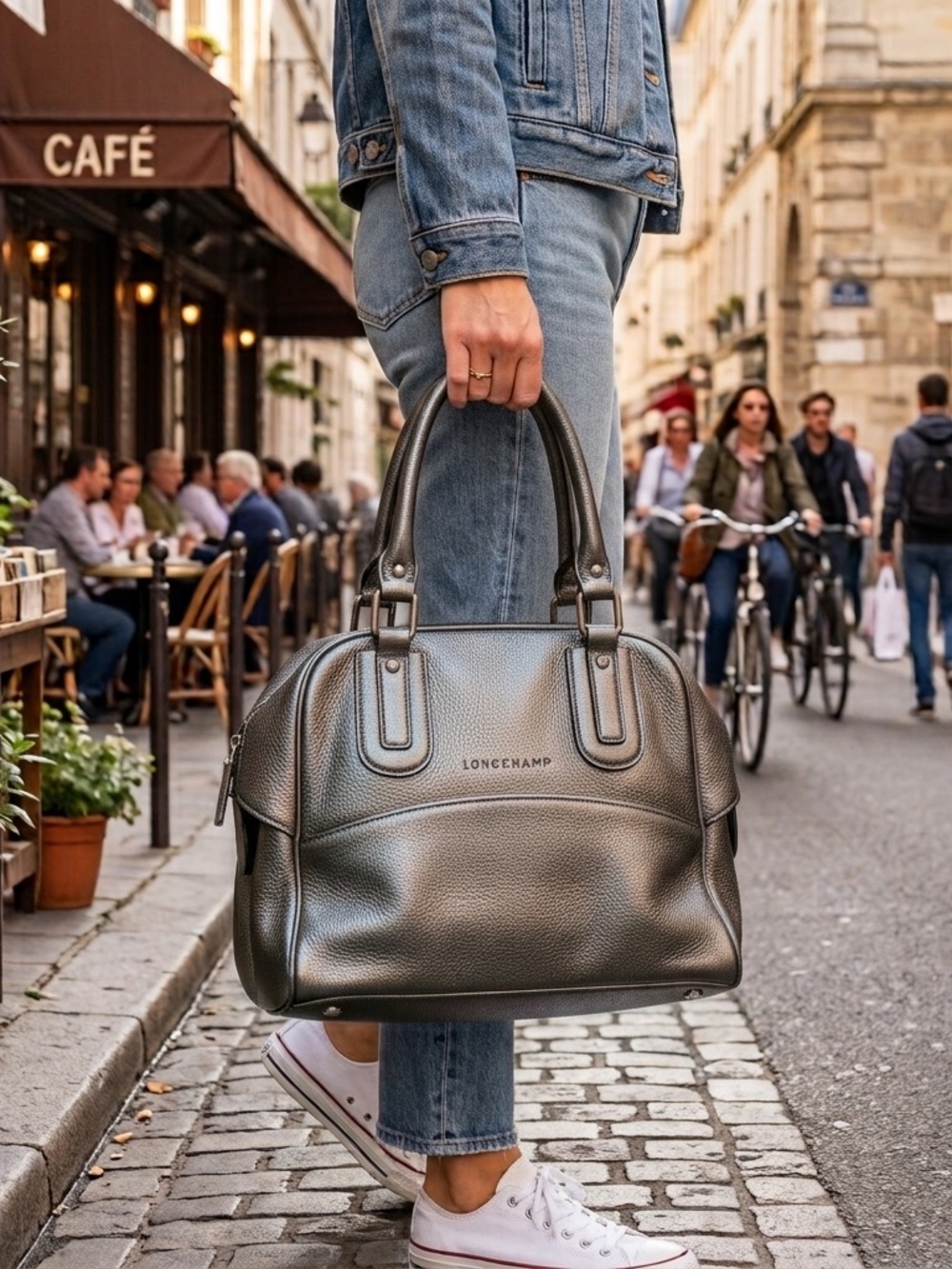 Longchamp Metallic Silver Leather Satchel Bag